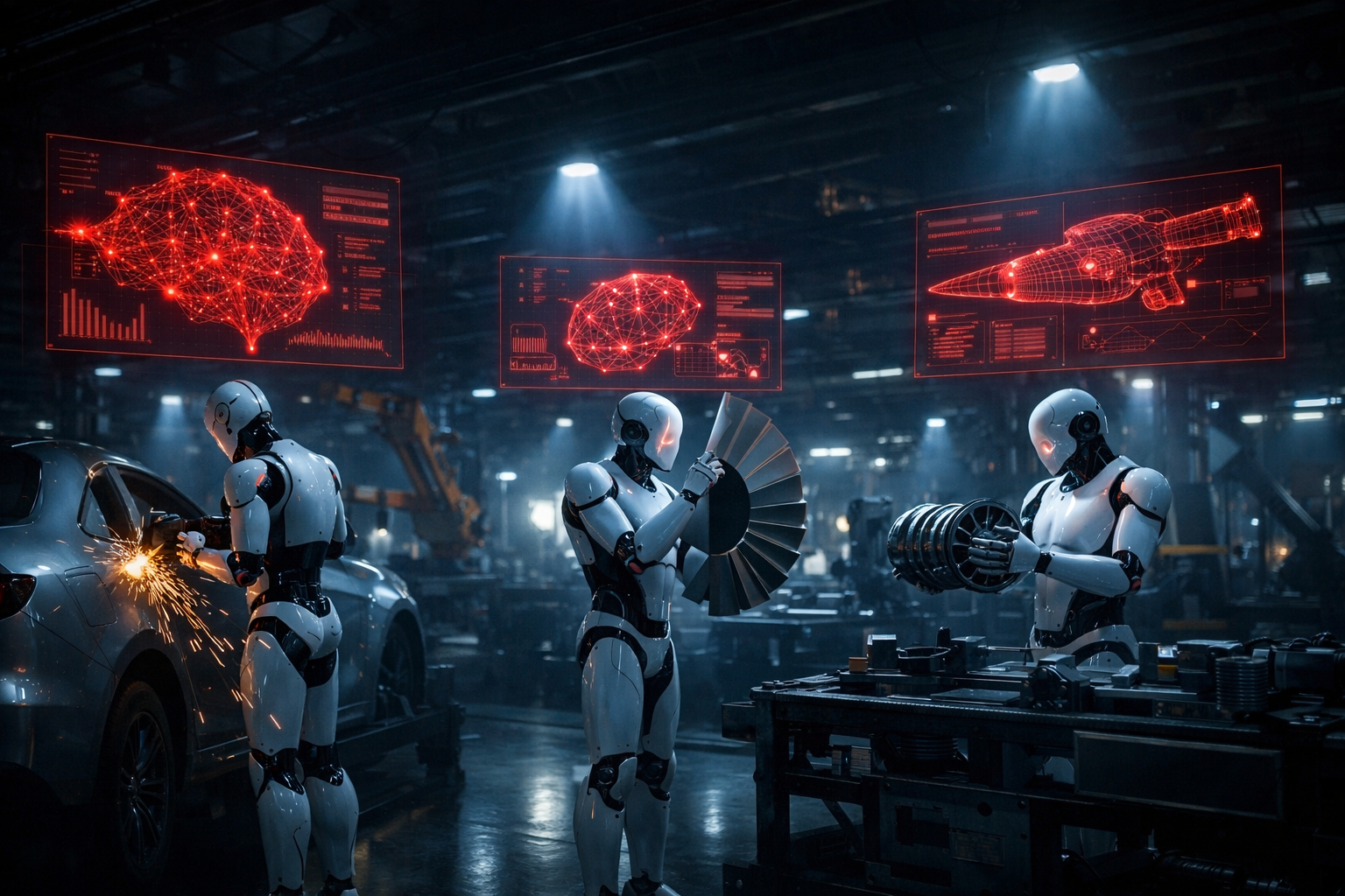 Three Stial robots working in factory with red holographic AI displays