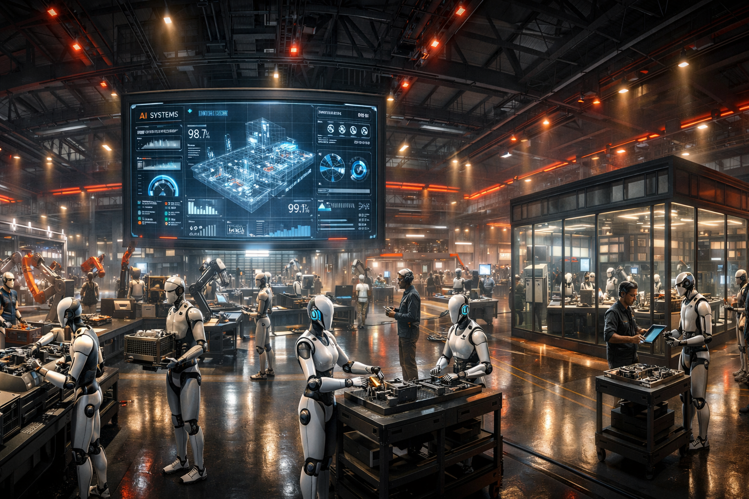 Full panoramic future factory with robots and human engineers