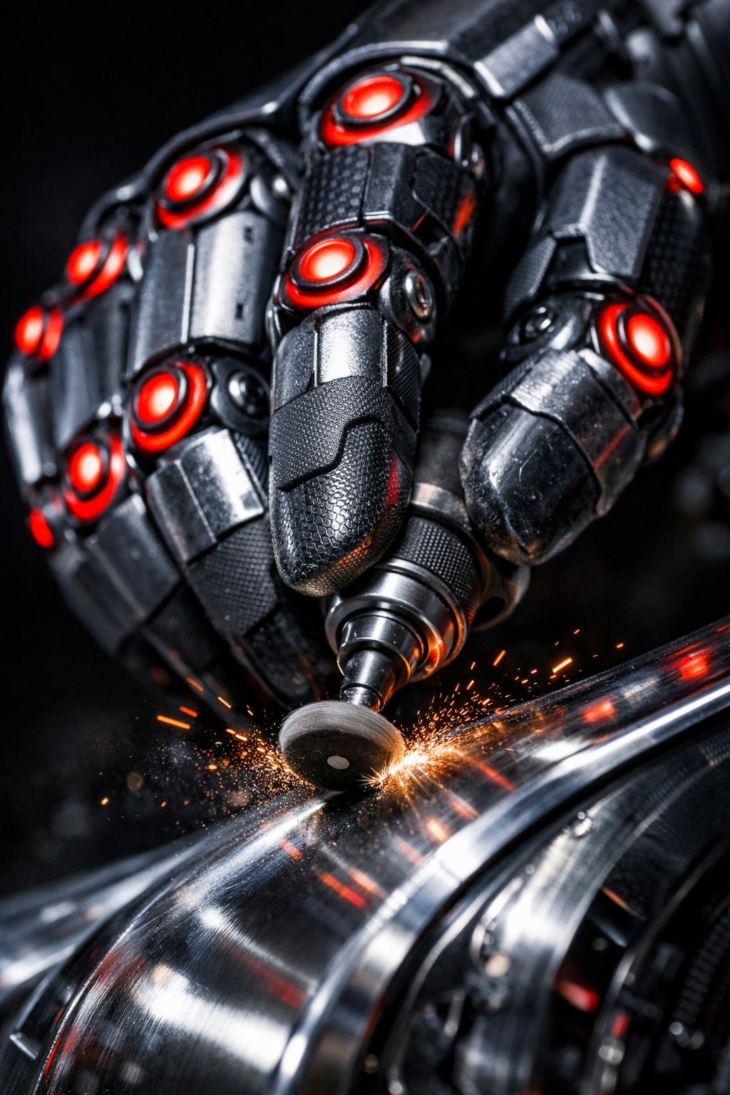 Robot hand closeup with red sensors doing precision polishing